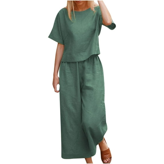 Women 's 2023 Two Piece Outfit T Shirt And Long Pants Tracksuit Sweatsuits Women Fashion Round Neck Short Sleeve Tops Pants Casual Suit Sets Green S
