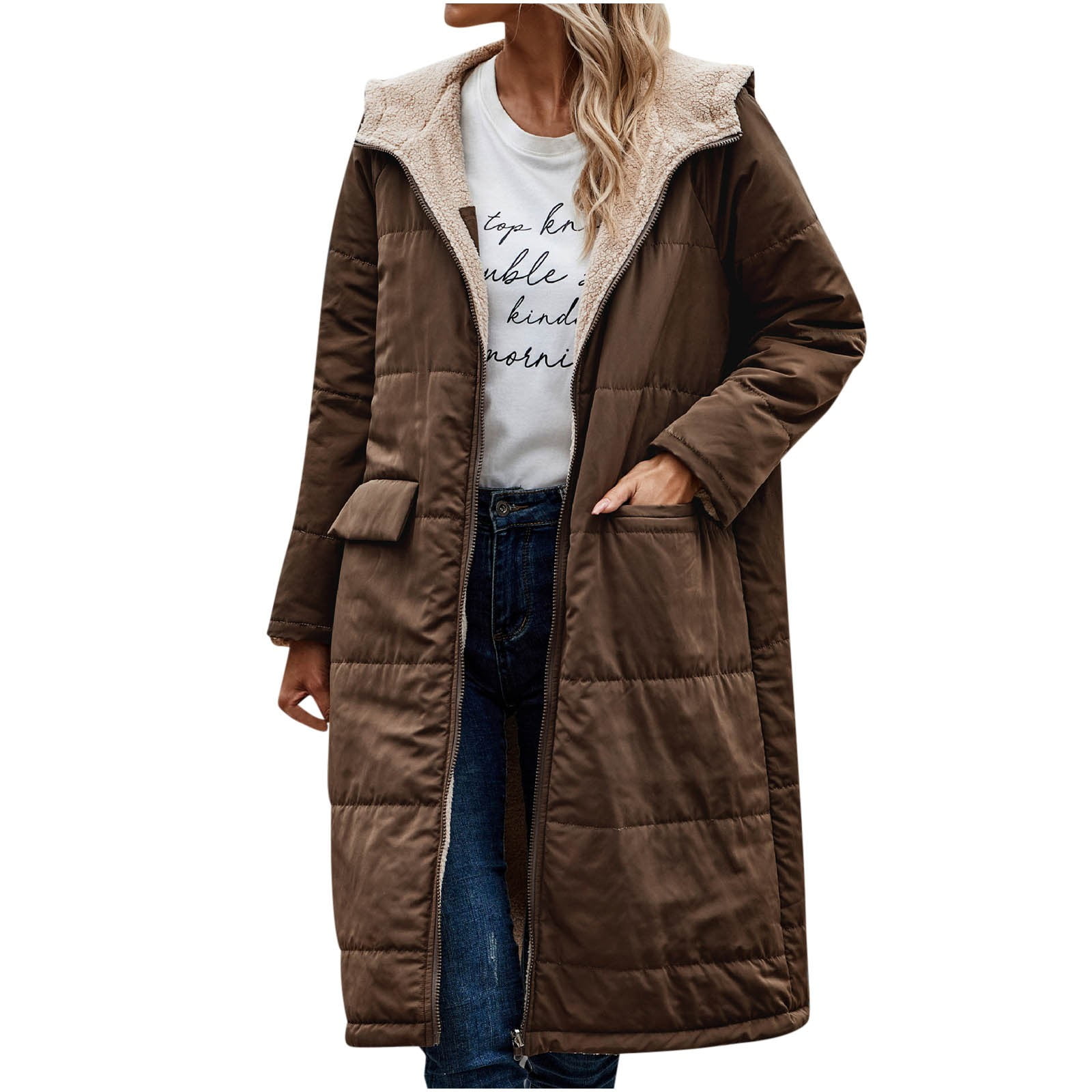 Holiday Deals,zanvin Womens Winter Coats - 2023 Fleece Hoodies Long Sleeve  Fuzzy Fall Fashion Zip Lapel Outfits,Brown,L