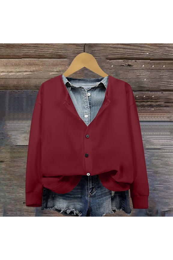 Women's 2024 Autumn/Winter New Solid Color Printed Fashion Casual V Neck Cardigan Long Sleeve Coat Long Summer Cardigan Cardigans with Buttons Titanium Snap Cardigan Long Sleeve Cardigans for Women