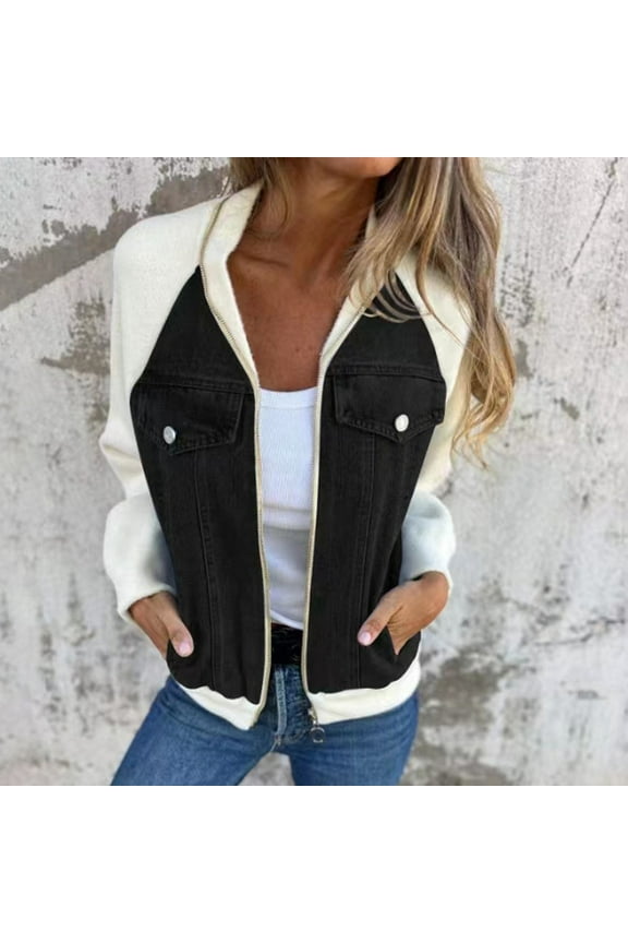 Women's 2024 Autumn/winter New Denim Patchwork Jacket Casual Fashion Wipe Shoulder Sleeve Jacket Cropped Jacket Women Short Jackets for Women Fashion Vintage Jacket for Women Denim Jacket Ladies plus