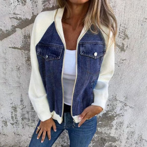 Women's 2024 Autumn/winter New Denim Patchwork Jacket Casual Fashion Wipe Shoulder Sleeve Jacket Denim Jacket for Women Britches Jackets Crop Jackets for Women Denim Dressy Jacket Jacket Jean Jacket