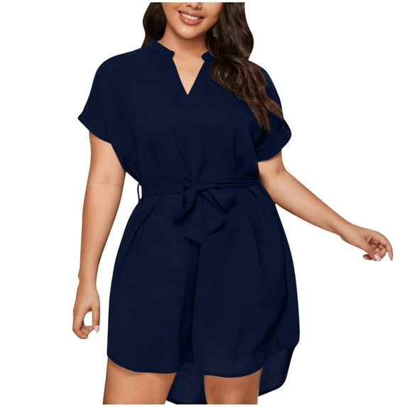 Women's 2024 Casual Business Dress Solid Color V Neck Belted Short Sleeve Midi Dresses Summer Loose Comfy Work Office Dresses