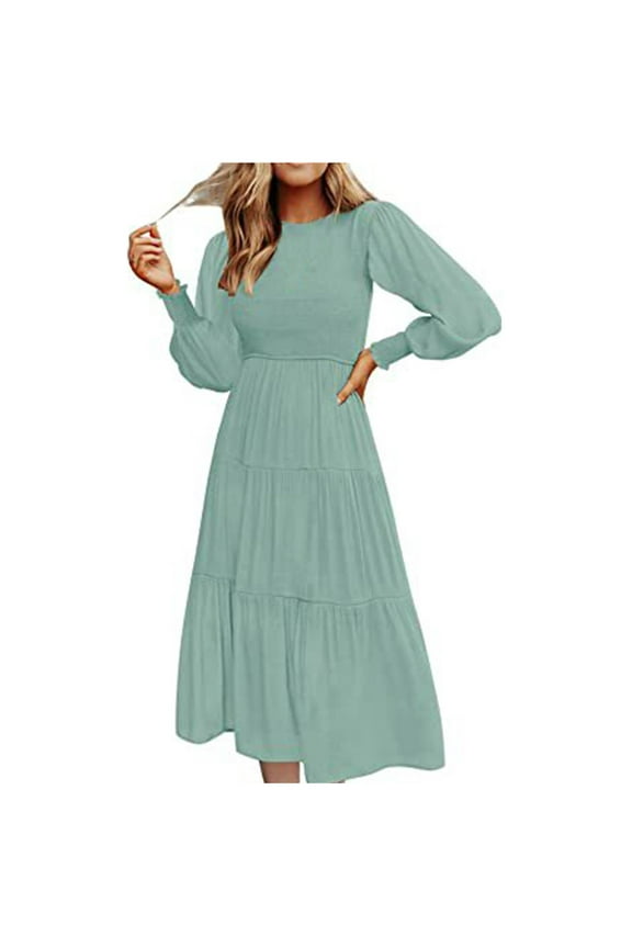 Women's 2024 Casual Long Sleeve Crew Neck High Waist Smocked Flowy Tiered Midi Dress