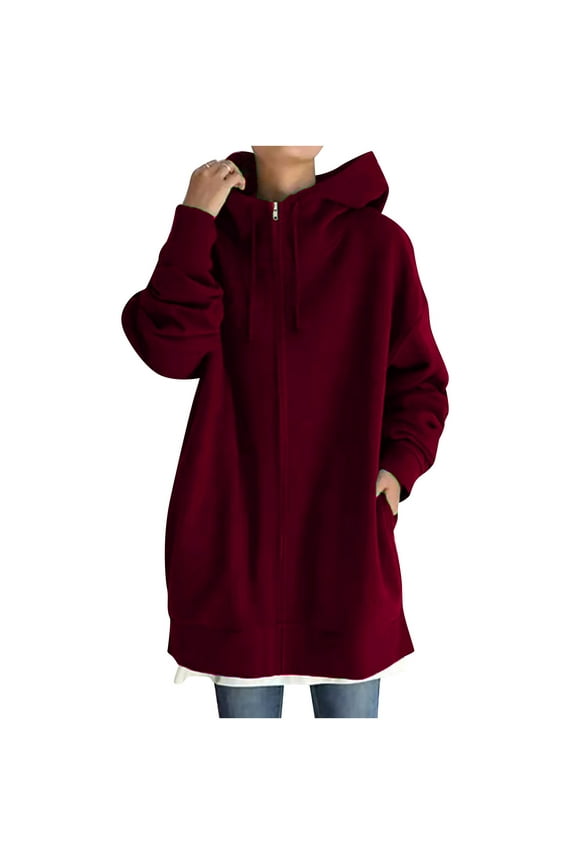 Women's Clothes Outerwears Fall Fashion Plus Size Zip Up Cardigan Hooded Sweatshirt Winter Lightweight Long Coat Long Sleeve Jacket Solid Color With Pocket Wine XXXL