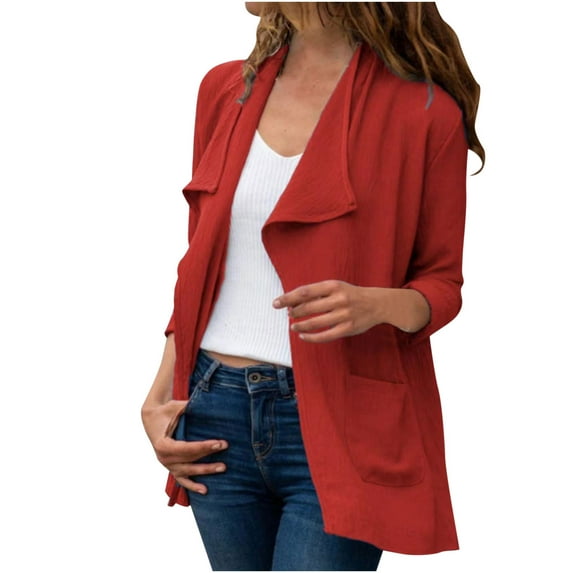 Women's Clothes Plus Size womens spring jacket Fall Fashion Solid Color Lapel Cardigan Open Front Lapel Outerwears Winter Lightweight Long Coat With Pocket Red XXXL