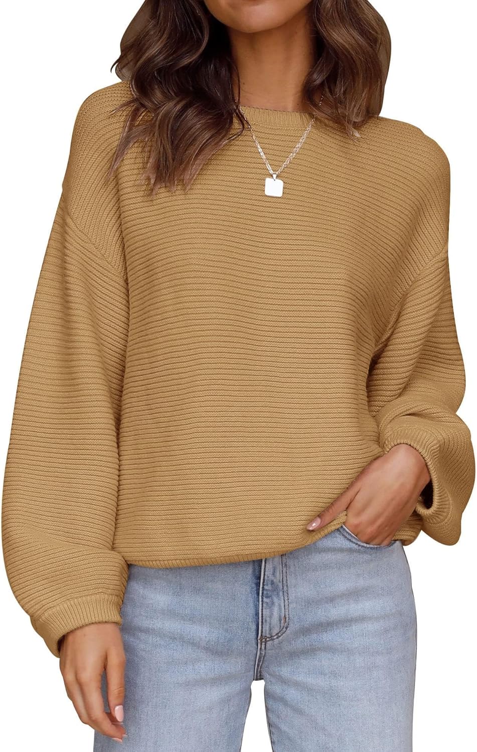ZESICA Women's Crew Neck Lantern Sleeve Sweater - Ribbed Knit Pullover Top, Loose Casual Fall Winter - View #4