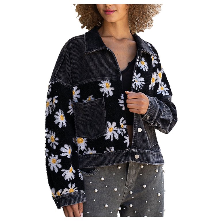 Women's 2025 Daisy Denim Jacket for Women Trendy Patchwork Floral