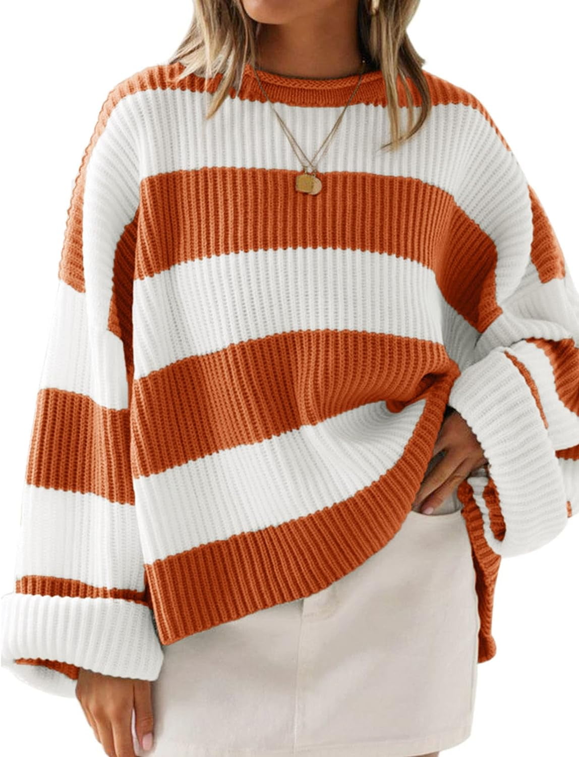Women s 2024 Fall Long Sleeve Crew Neck Striped Color Block Comfy Loose Oversized Knitted Pullover Sweater Walmart