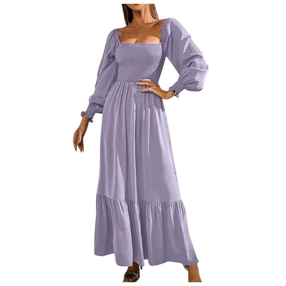Women's 2024 Fall Long Sleeve Maxi Dress - Square Neck, Smocked Tiered A Line - Flowy Polyester Dress with Side Pockets - True to Size - S-XXL
