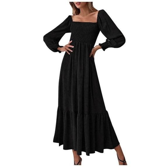 Women's 2024 Fall Long Sleeve Maxi Dress - Square Neck, Smocked Tiered A Line - Flowy Polyester Dress with Side Pockets - True to Size - S-XXL