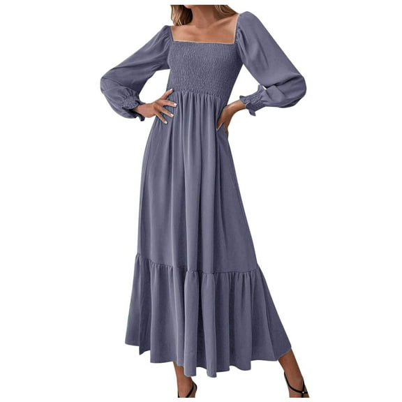 Women's 2024 Fall Long Sleeve Maxi Dress - Square Neck, Smocked Tiered A Line - Flowy Polyester Dress with Side Pockets - True to Size - S-XXL