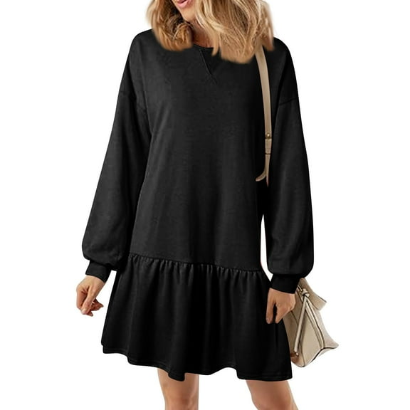 Women's 2024 Fall Long Sleeve Pullover Dress - Crewneck Rib Knit Patchwork Sweatshirt Mini Dress