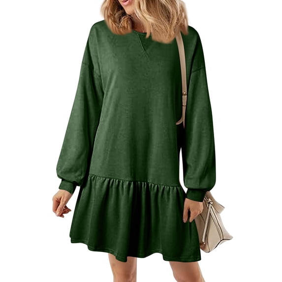 Women's 2024 Fall Long Sleeve Pullover Dress - Crewneck Rib Knit Patchwork Sweatshirt Mini Dress