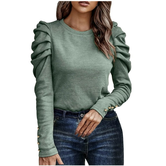 Women's 2024 Fall Puff Long Sleeve Tops Trendy Casual Crew Neck Solid Color Pullover T Shirt Basic Blouses Tees