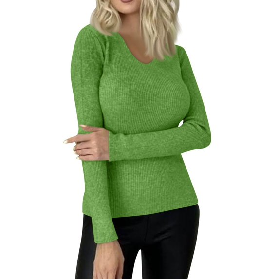 Women's 2024 Fall V Neck Sweaters Long Sleeve Ribbed Knit Casual Slim Fitted Pullover Tops Basic Soft Sexy T-Shirt