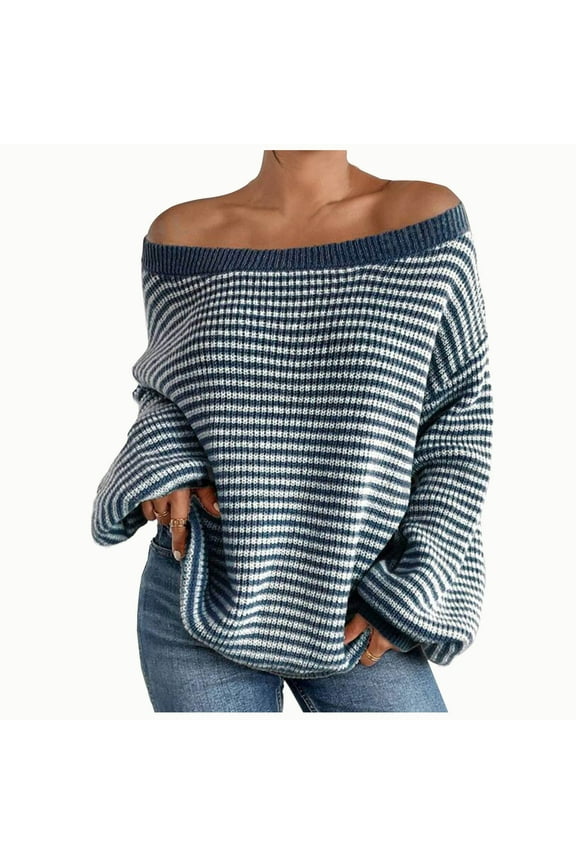 Women's 2024 Fall Winter Striped Sweater Long Sleeve Off Shoulder Loose Knit Pullover Jumper Tops Casual Oversized Sweaters