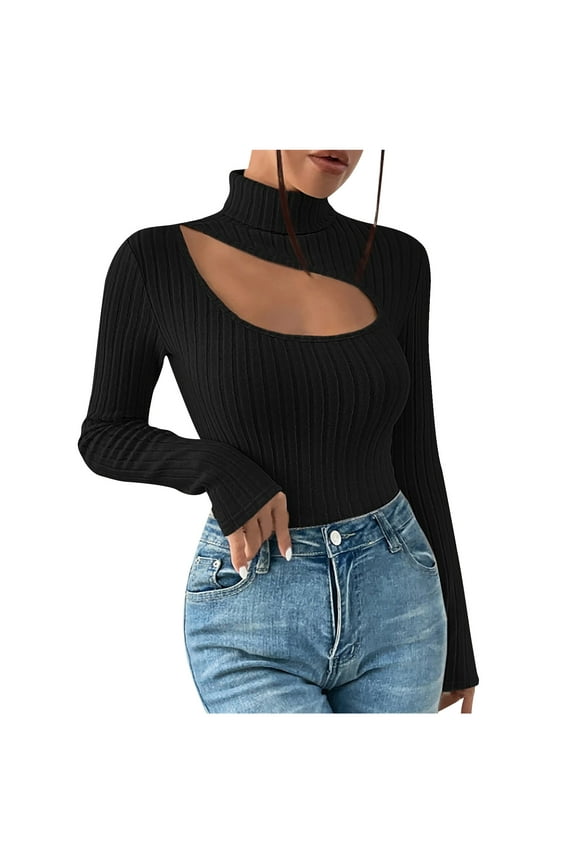 Women's 2024 Fashion Fall Clothes Chest Cutout Tops Long Sleeve Mock Neck Rib Knit Winter Pullover Sweater