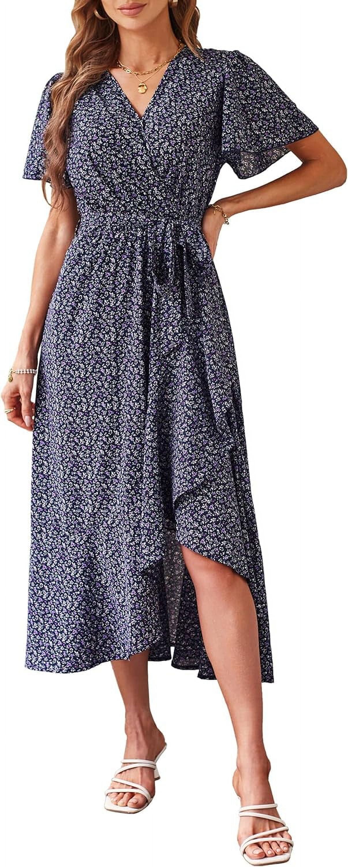 Women's 2024 Floral Boho Dress Wrap V Neck Short Sleeve Belted Hem A ...