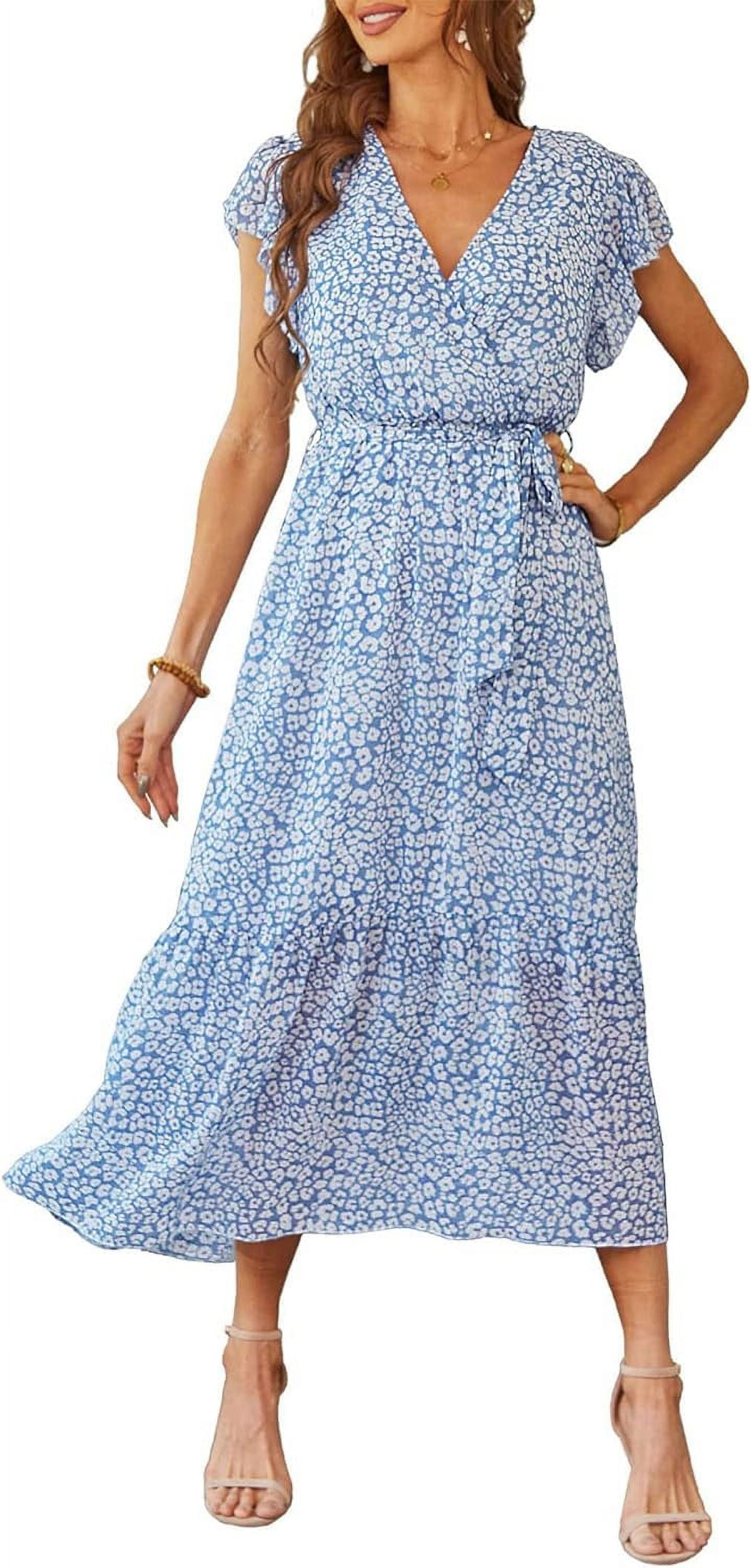 Women's 2024 Floral Boho Dress Wrap V Neck Short Sleeve Belted Hem A ...