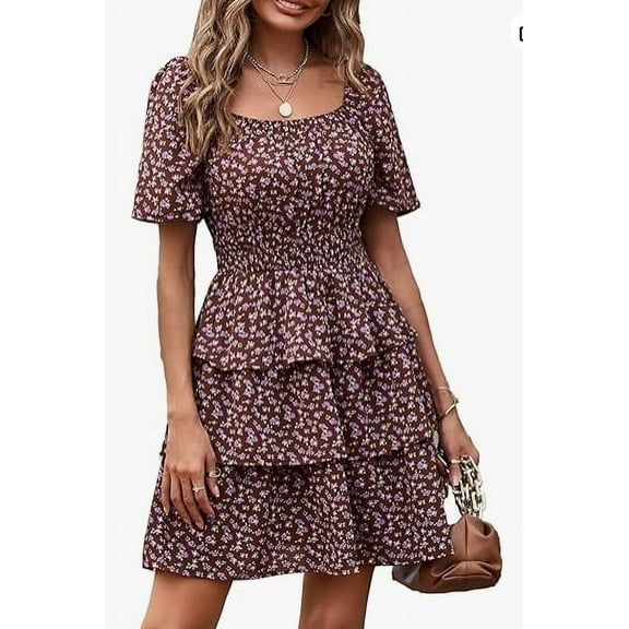 Women's 2024 Floral Summer Short Dress Square Neck Short Sleeve Tiered Ruffle Boho Swing Dresses