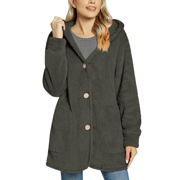 Women's 2024 Hooded Button Pocket Cardigan Casual Coat