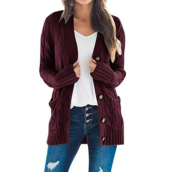 Women's 2024 Long Sleeve Cable Knit Button down Cardigan Sweater Cotton Jacket Open Front Outwear Coat with Pockets