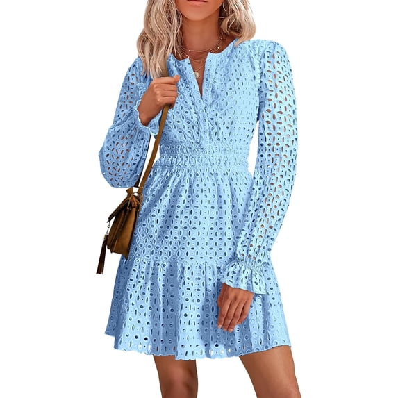 Women's 2024 Long Sleeve Mini Dress Eyelet V Neck A Line Casual Elegant Holiday Wedding Guest Party Dresses