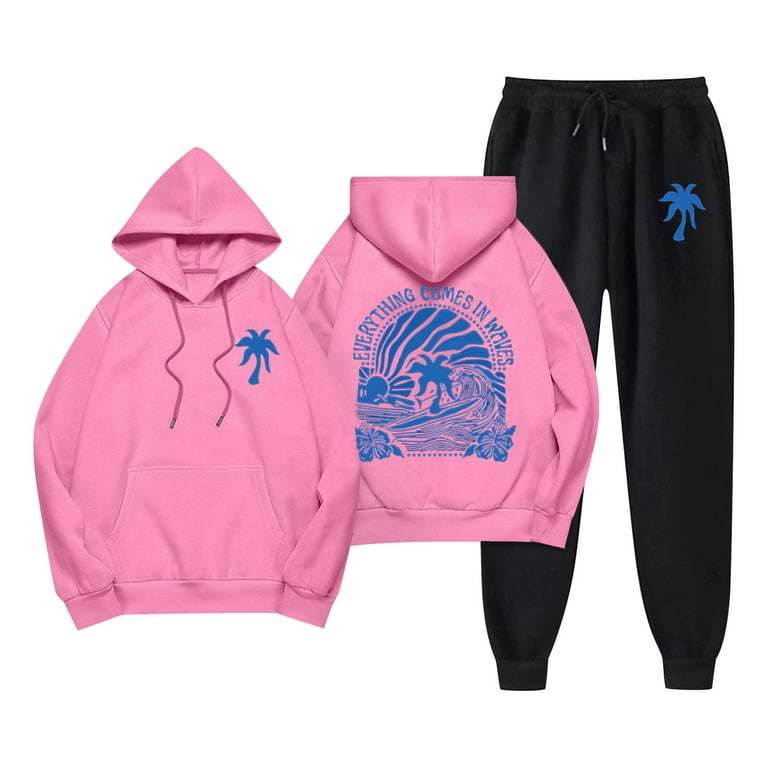 Women s 2024 Pink Graphic Two Piece Outfit Pink Palm Puff Hoodie Sweatshirt and Drawstring Jogger Sweatpants Athletic Tracksuit Sweatsuit Sets Preppy Hoodie Set for Teen Girls 2024 pink Large Walmart....