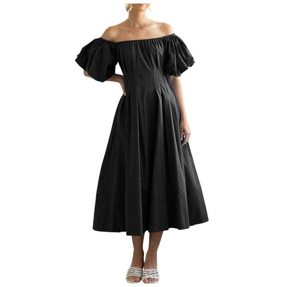 Women's 2024 Sexy Boho Off Shoulder Puff Short Sleeve High Waist Ruffled Flowy A Line Beach Party Midi Dress