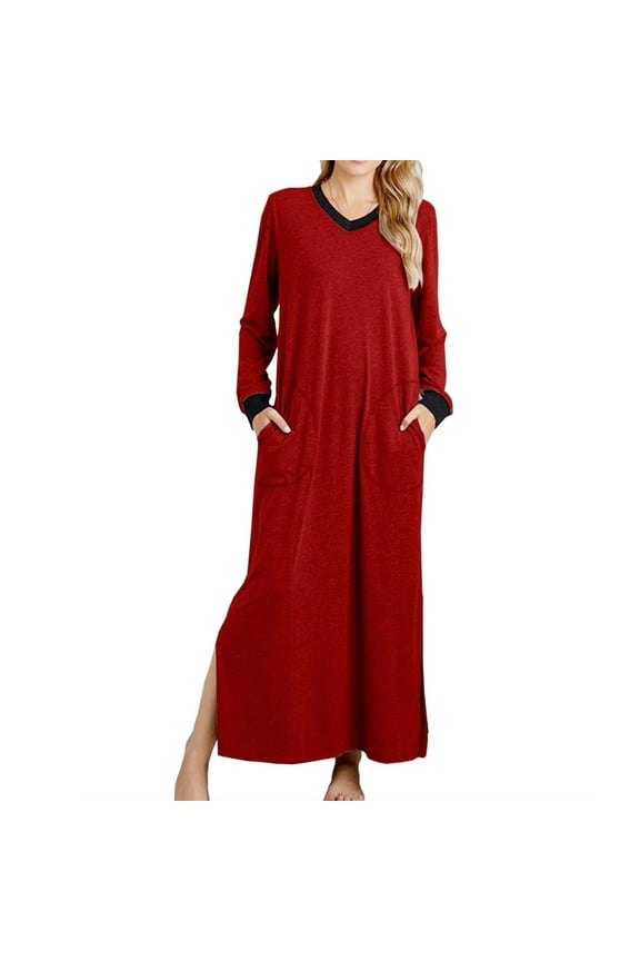 Women's 2025 Soft Nightgown Cotton Blend Long Sleeve V Neck Sleep Maxi Dress with Pockets Side Split Nightdress (Medium, Red)