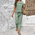 thumbnail image 1 of Women's 2024 Spring/Summer Casual Short Sleeve Top & Long Pants Outfit Set Wedding Outfits for Women Guest Womens Jumpsuits Petite Dress for Women plus Size Dress Jumpsuits for Women Evening Women Bib, 1 of 5