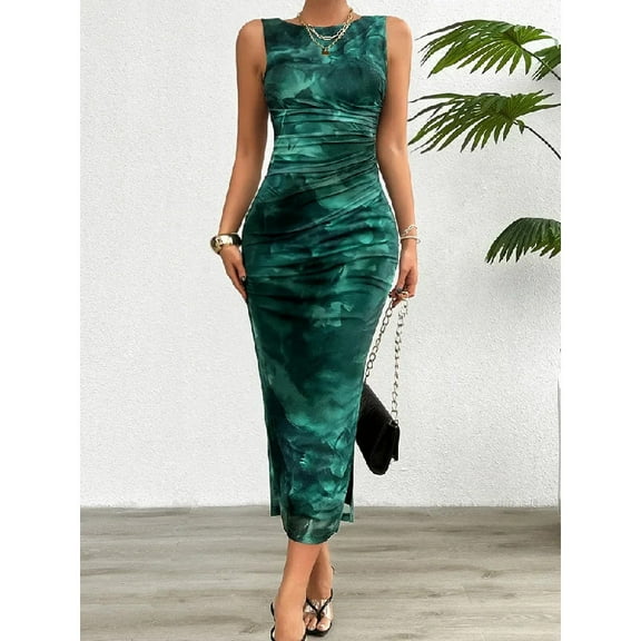 Women's 2024 Spring Summer New Fashionable Printed Round Neck Style Slimming Sleeveless Tight Dress With Split Bottom