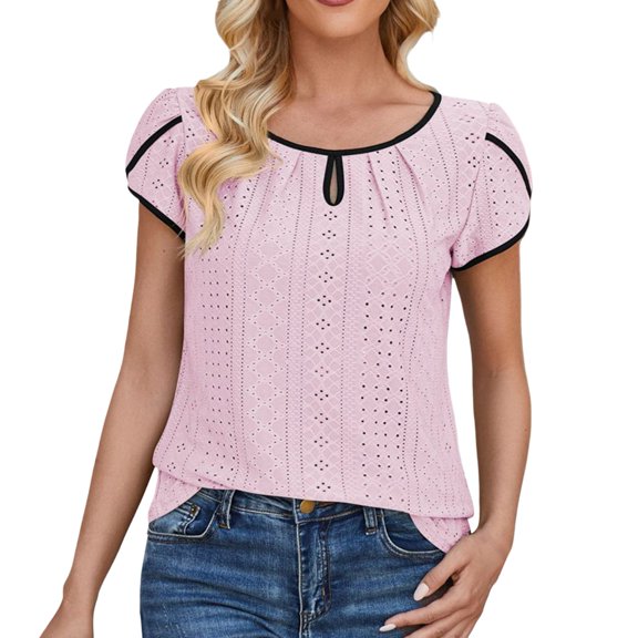 Women's 2024 Spring/Summer New Round Neck Petal Sleeve Spliced Solid Color T Shirt Loose Top