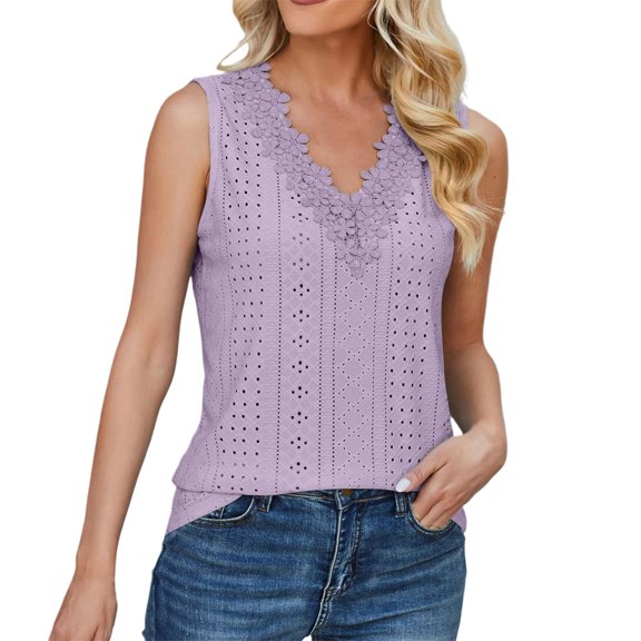 Women's 2024 Spring/Summer New V Neck Lace Sleeveless Solid Loose T Shirt