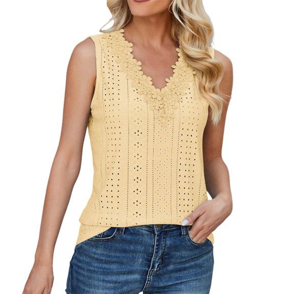 Women's 2024 Spring/Summer New V Neck Lace Sleeveless Solid Loose T Shirt