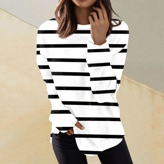 Women's 2024 Striped Long Sleeve Tops Casual Crew Neck Knit Pullover Sweaters Shirts T-Shirt Printed Top