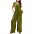 thumbnail image 1 of Women's 2024 Summer Cap Sleeve Jumpsuits Deep V Neck Button Wide Leg Pants Rompers, 1 of 2
