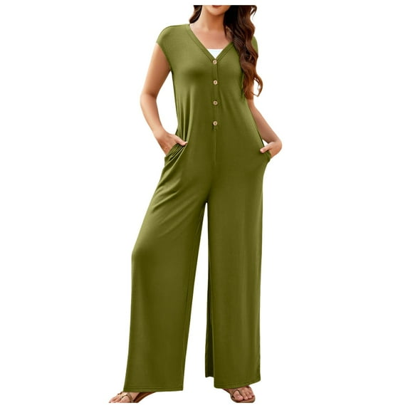 Women's 2024 Summer Cap Sleeve Jumpsuits Deep V Neck Button Wide Leg Pants Rompers
