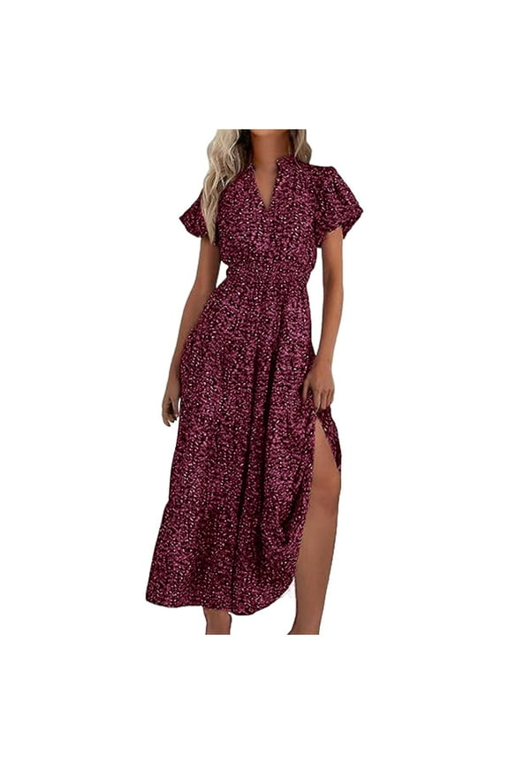 Women's 2024 Summer Casual Flutter Puff Sleeve Boho Floral Maxi Dress V Neck Smocked Tiered Long Dresses