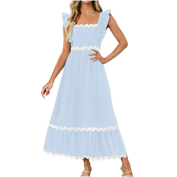 Women's 2024 Summer Casual Flutter Short Sleeve Crew Neck Smocked Elastic Waist Tiered Midi Dress Soft Lightweight Vacation Dress Prime Deal