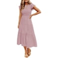 thumbnail image 1 of Women's 2024 Summer Casual Flutter Short Sleeve Crew Neck Smocked Elastic Waist Tiered Midi Dress, 1 of 6