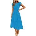 thumbnail image 1 of Women's 2024 Summer Casual Flutter Short Sleeve Crew Neck Smocked Elastic Waist Tiered Midi Dress, 1 of 6