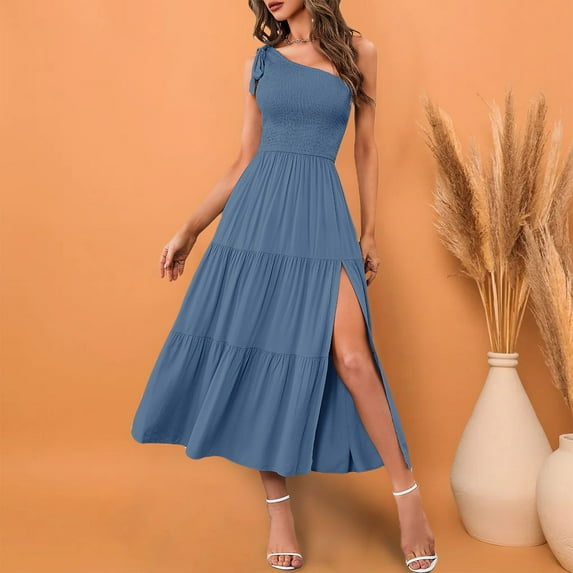 Women's 2024 Summer Casual One Shoulder Sleeveless Smocked Elastic Waist Tiered Midi Dress Women Dresses Summer Size Large Dresses Sunday Dress for Women Women Dressers Dressed for Womens Summer Long