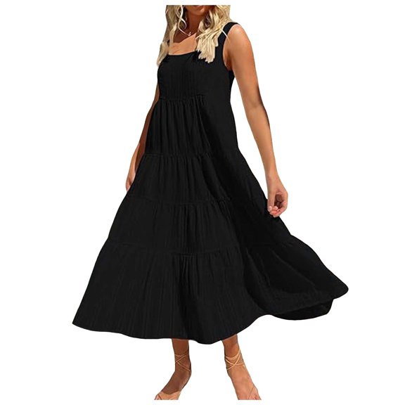 Women's 2024 Summer Casual Short Flutter Sleeve Crew Neck Smocked High Waist Flowy Maxi Dress