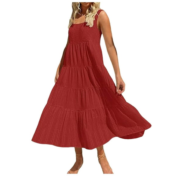 Women's 2024 Summer Casual Short Flutter Sleeve Crew Neck Smocked High Waist Flowy Maxi Dress