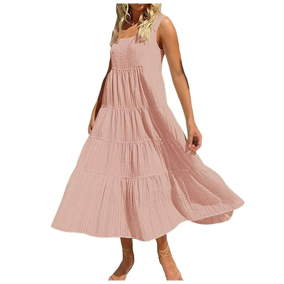 Women's 2024 Summer Casual Short Flutter Sleeve Crew Neck Smocked High Waist Flowy Maxi Dress
