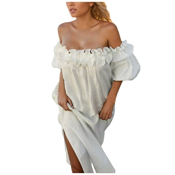 Women's 2024 Summer Dress Casual Flutter Sleeve Smocked High Waist Tiered Midi Dress