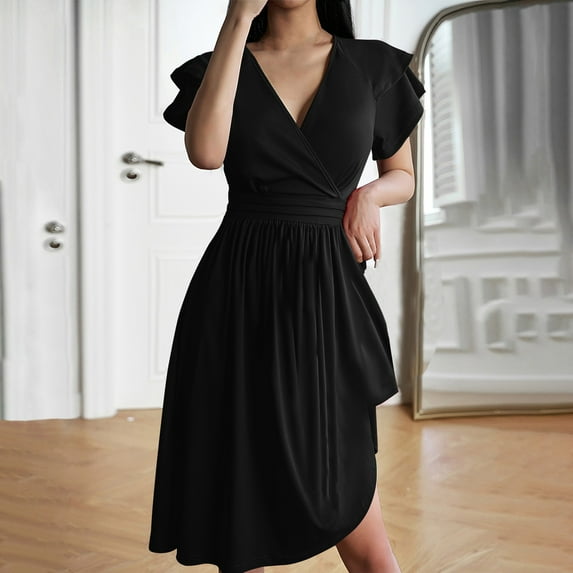 Women's 2024 Summer Dress V Neck Short Sleeve Dresses Elegant Solid Tie Waist Party Mini Dress on Clearance