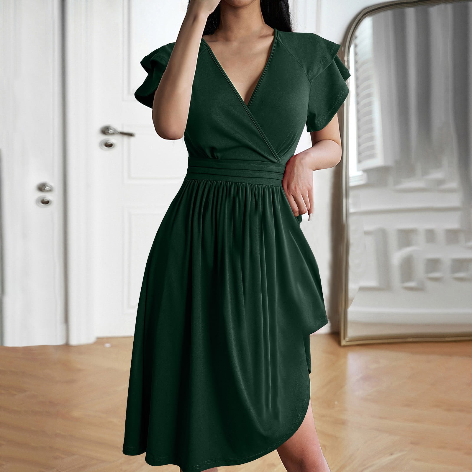Women's 2024 Summer Dress V Neck Short Sleeve Dresses Elegant Solid Tie Waist Party Mini Dress on Clearance Women's 2024 Summer Dress V Neck Short Sleeve Dresses Elegant Solid Tie Waist Party Mini Dress on Clearance