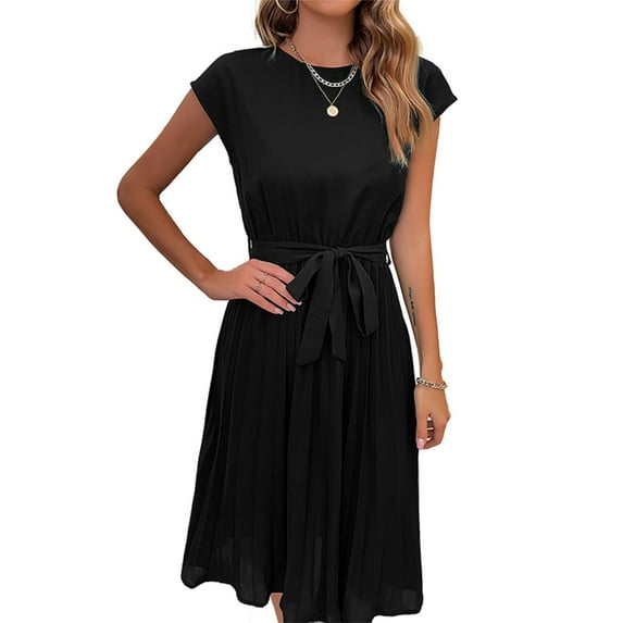 Women's 2024 Summer Dresses Casual Solid Color Classic Short Sleeve Dress Crew Neck Smocked High Waist Tiered Boho Beach Vacation Sundress (Black,Large)